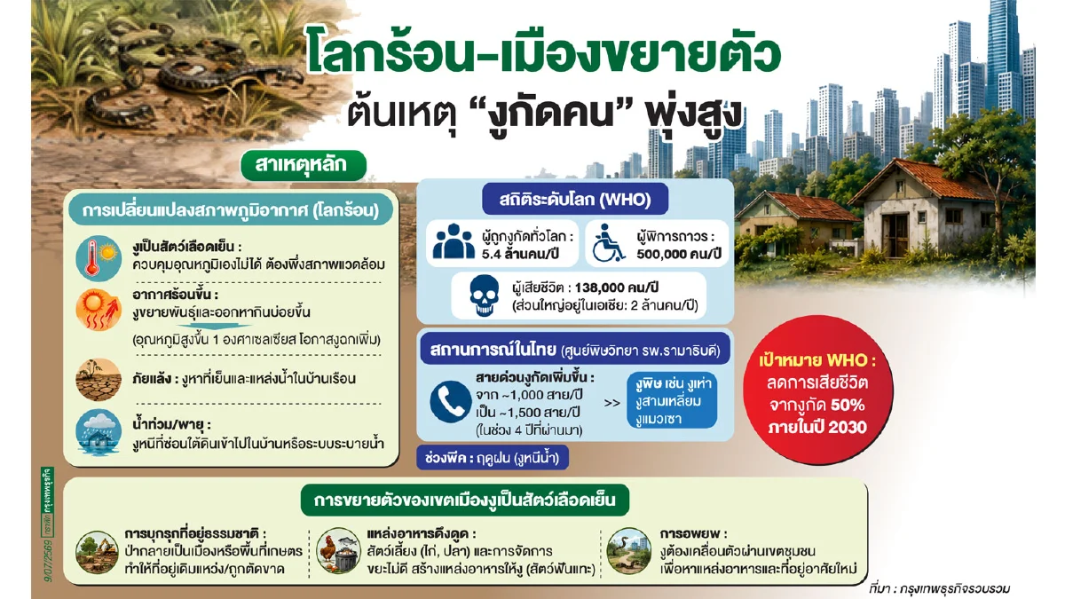 ‘งู’ กัดคนมากขึ้น เพราะโลกร้อน-เมืองขยายตัว บีบให้ต้องเข้ามาหาอาหารในพื้นที่ชุมชน
